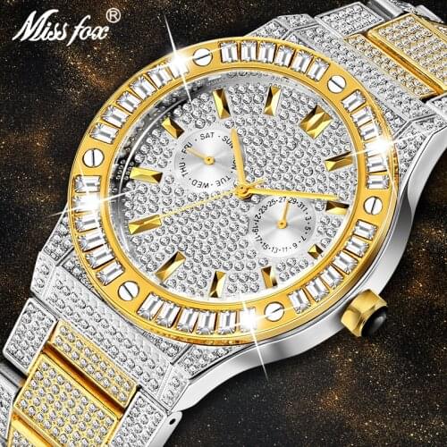 MISSFOX Dropshipping Mens Fashion Watches Men Square Diamond Stainless Steel bilingbiling Quartz Watch Men Relogio Masculino