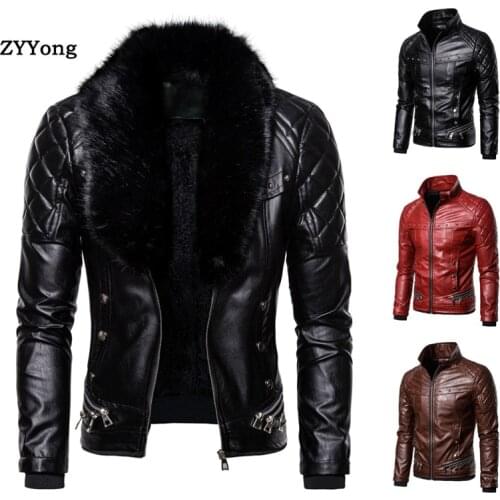 Hight Quality Red Winter Fur Collar Luxury Zipper Men Jacket Winter Leather Coat Autumn Winter Black Plus Velvet Leather Jacket