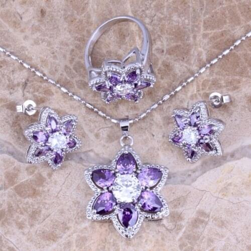 Incredible Purple Cubic Zirconia White CZ Silver Plated Jewelry Sets Earrings Pendant Ring Size 6 / 7 / 8 / 9 / 10 S0435