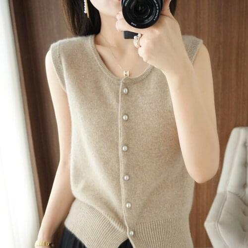 2021 autumn and winter cashmere vest womens O-neck cardigan vest 100% pure wool casual knitted tops Korean Female jacket sleeve