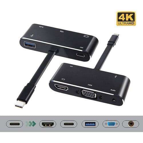 5 in 1 USB C to HDMI Adapter 4K Type-C to HDMI/VGA/Audio/USB 3.0 Port+USB C Port(PD) Converter for Laptop Macbook Nintend Switch