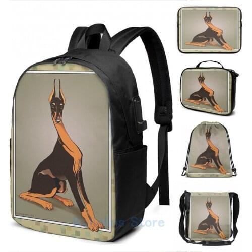 Funny Graphic print Doberman Pinscher original art USB Charge Backpack men School bags Women bag Travel laptop bag