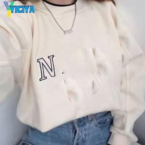 YICIYA embroidered cotton Plush thickened mens and womens girlfriends round neck sweater oversized crop top women t-shirts