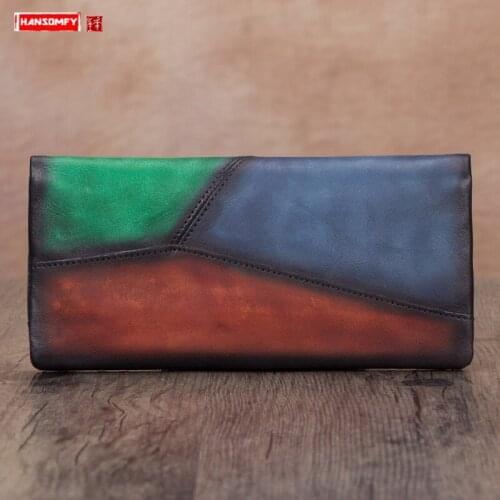 Vintage Genuine Leather Women Wallet Ladies Handmade Leather Female Card Holder Long Zipper Wallets 2021 New Purses Cow Leather