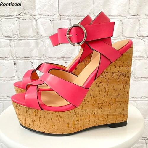Ronticool New Fashion Handmade Women Mules Sandals Buckle Strap Sexy Wedges Heels Open Toe Beautiful Party Shoes US Size 5-20
