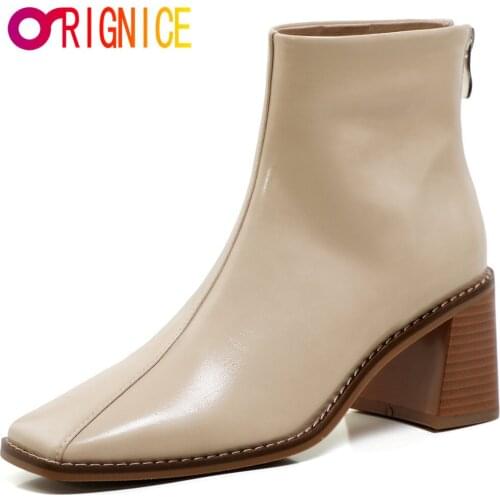 Orignice Hot Brand Women Ankle Boots Autumn Black Apricot Square Toe Zipper High Quality Leather Footwear Ladies Shoes 2021