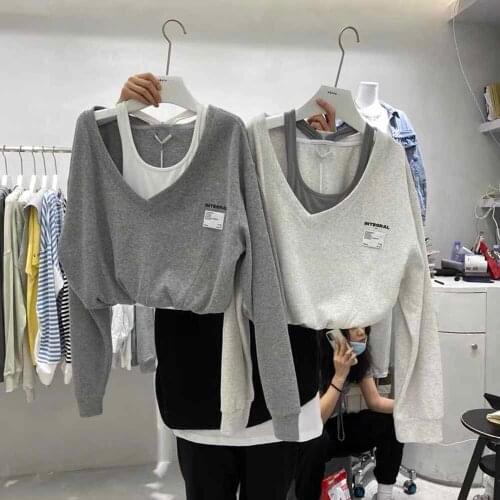 One Pieces Sweatshirt Women 2021 Spring Halter Collar Camisole+V Neck Loose Oversized Sportswear Outer Streetwear Outfits Top
