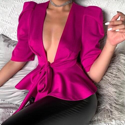 Women sexy V-neck Ruffled Cardigan Fashion elegant Ladies Lace Up Slim Knit Jacket Spring Summer half Sleeve Tops