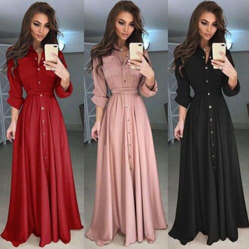 Womens Ladies Boho Solid Color Casual Long Maxi Shirts Dress Club Party Beach Bodycon Button Dresses Sundress Elegant Vestidos