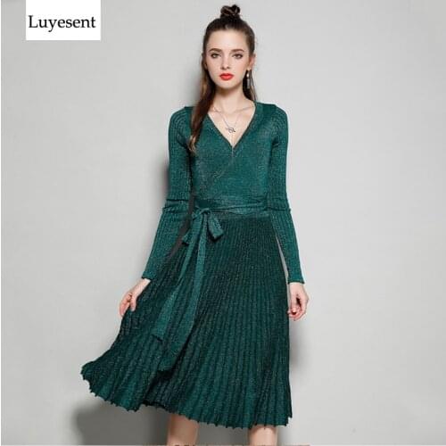 Women lurex knit fabric shiner cross V neck pleat Dress tunic fashion flare hem autumn winter lady femme vestidos 2021 Christmas