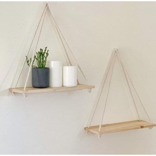 2021 Wooden Rope Swing Wall Hanging Plant Flower Pot Tray Mounted Floating Wall Shelves Nordic Home Decoration Moden Design