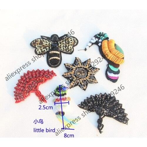 6pcs/lot little bird butterfly black tree yello star beaded appliques with acryl stones DIY sweater garment shoes bag decoration