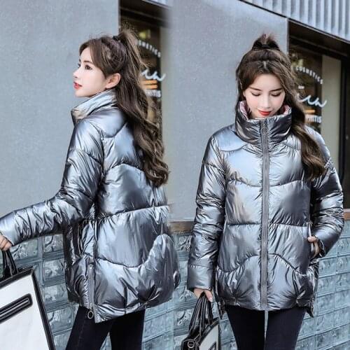 2021 Glossy Winter Down Cotton Padded Jacket For Women Thick Bright Black Short Shiny Jacket Solid Color Cotton Parkas