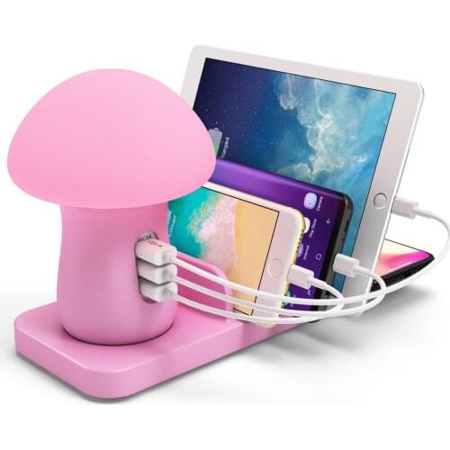 Fast Wireless Charging Station Organizer for Multiple Devices with Quick Charge QC 3.0 - LED Children Night Light Kids Mushroom