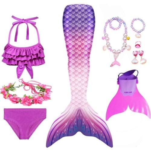 Girls Swimmable Mermaid Tail Princess Dress with Monofin Kids Mermaid Costume Cosplay Swimwear Halloween Costume for Children