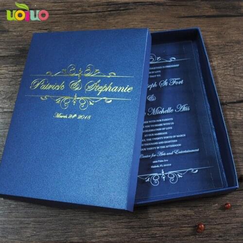 Elegent navy blue wedding invitation card with box hot stamping name logo with acylic invitation cards inside