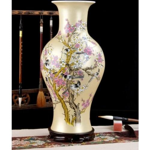 Jingdezhen ceramic fishtail vase gold glaze plum tree pastel vase modern home furnishing room decorative crafts and ornaments