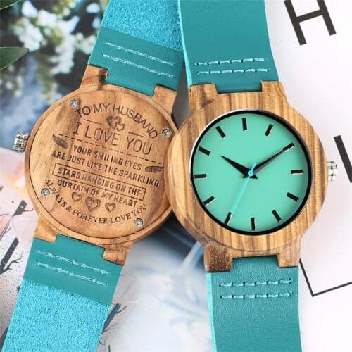 Creative Blue Mens Watches Carving Words Wooden Genuine Leather Wristwatches Simple Fashion Mens Clock Dropship Item reloj