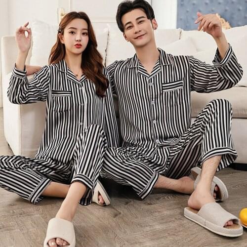 Summer Striped Printed Stain Couple Men Women Lapel Long Sleeve Pants Sleepwear Lovers Female Pajamas Pyjamas Homewear