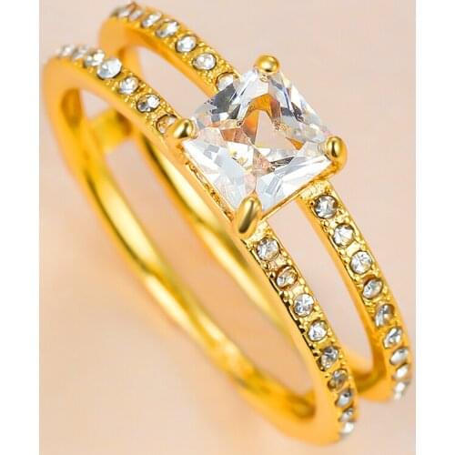 Trendy Female White Crystal Stone Ring Charm Gold Color Hollow Wedding Rings For Women Cute Bride Square Zircon Engagement Ring