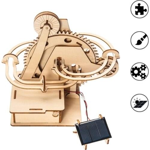 Marble Run Track Steam Mechanical Gear DIY Solar Powered Wooden Model Puzzle Building Kits Assembly Toy Gift for Children Adult