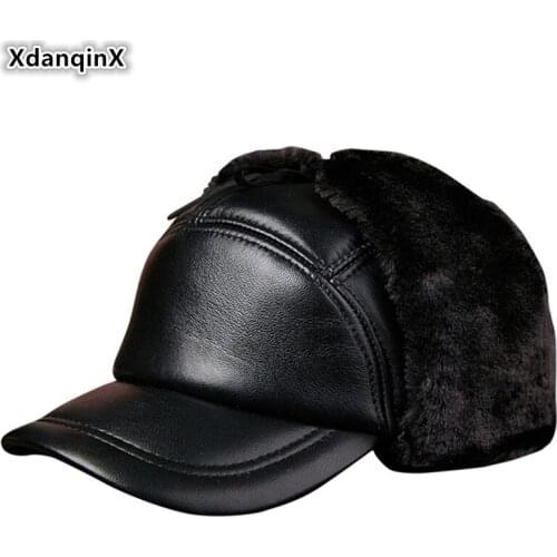XdanqinX Winter Genuine Leather Earmuffs Hat Mens Thick Warm Baseball Cap With Ears Middle-aged Elderly Sheepskin Leather Caps