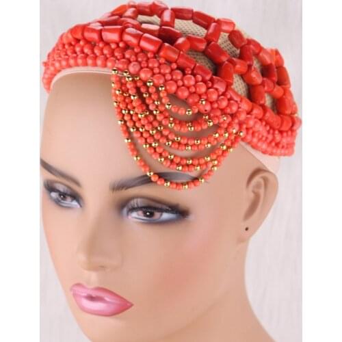 Dudo African Coral Beads Jewelry Set Cap Handmade Traditional Wedding Headpiece For Nigerian Bride 2020 Nature Coral Scraft New