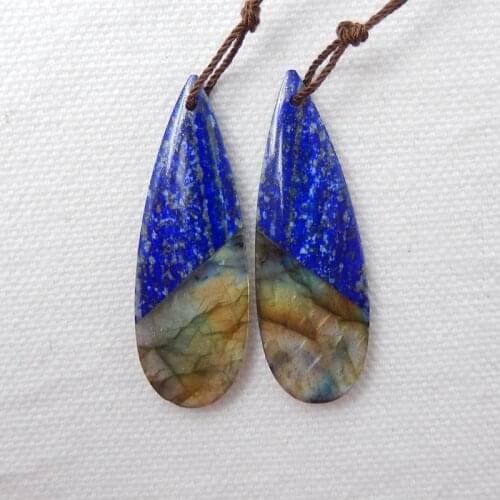 Natural Water Drop Flashy Labradorite And Lapis Lazuli Intarsia Earring Bead 42x14x4mm 9.1g Fashion Jewelry Earring Accessories