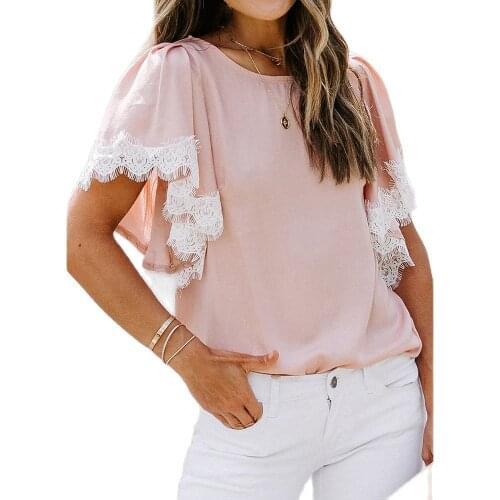 2021 New Good Quality Factory Price Fashion Hot Selling Womens Lace Round Neck Stitching Pullover Short-Sleeved T-Shirt