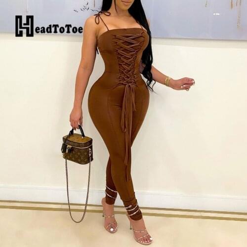 Solid Color Lace-up Front Cami Skinny Jumpsuit Sexy Spaghetti Strap Rompers Women Jumpsuit