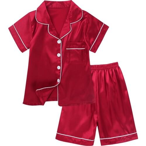 Oyolan Unisex Kids Boys Girls Clasic Silk Pajamas Outfit Short Sleeve Tops with Shorts Set Children Sleepwear Loungewear Summer