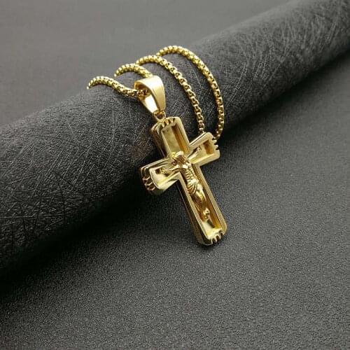 Hip Hop Gold Color Stainless Steel INRI Crucifix Jesus Cross Pendant Necklaces for Men Jewelry Drop Shipping
