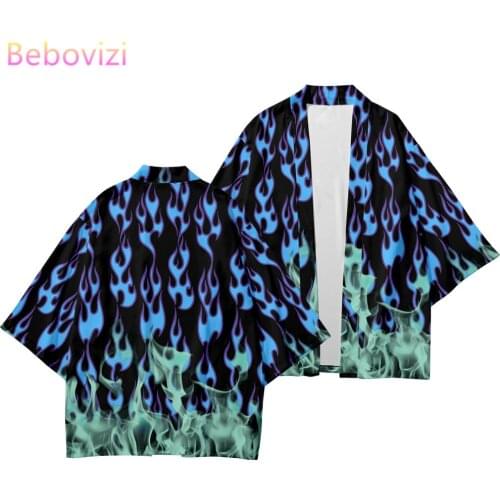 Plus Size 6XL Blue Flame China Harajuku Japanese Style Sets Fashion Kimono Men Women Cardigan Haori Obi Asian Clothes Pants Suit