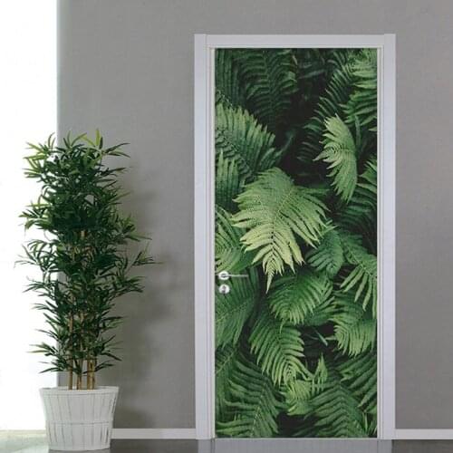 PVC Self-Adhesive Door Sticker 3D Green Plant Leaves Wallpaper Living Room Bedroom Home Decoration Door Decals Papel De Parede