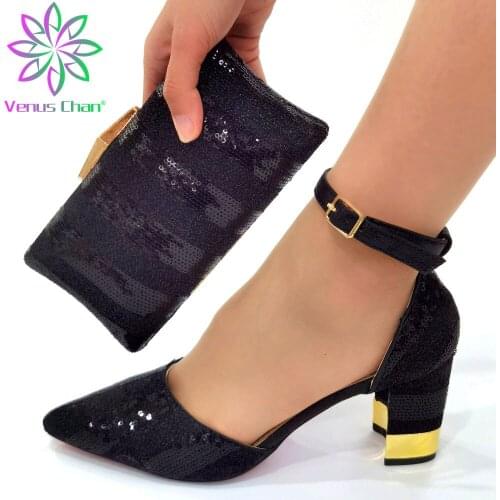 Comfortable Heels Italian Women Shoes and Bag to Match in Black Color Nigerian Style with Evening Bag Matching Shoes and Bags