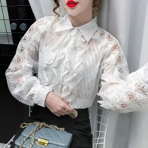 See through Top Women Sexy Blouses Shirt 2020 Spring New Women Lace blouse Shirts V Collar Loose Long Sleeved Woman Top 207H7