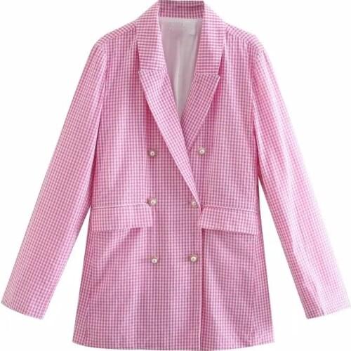 DOUJILI 2021 Women Suit Spring Autumn Pink Plaid Long Sleeve Coat High Quality Sweet Loose Suit Blazer