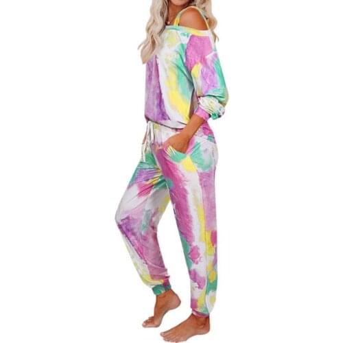 2 Pcs/Set Women Tie Dye Printed Pajamas Suit Long Sleeve Pullover off Shoulder Tops Long Pants Sleepwear Loose Home Loungewear