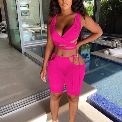 Women Tracksuit Two-piece Clothes Set Solid Color Deep V-neck Sleeveless Crop Tops and Hollow Out Shorts Sets Summer Female New