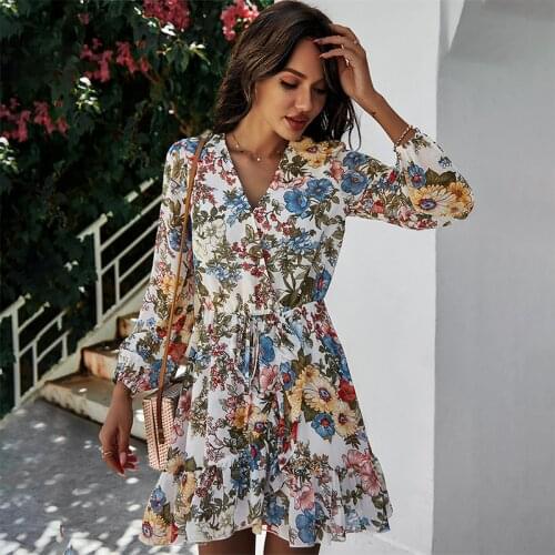 Boho Style Dress Printed Flower Chiffon Party Beach Short Mini Dress Lace V-neck Ladies 2021 Spring And Summer Short Skirt