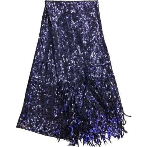 6 colors (5yards/pc) fashion sequins net lace fabric with tassels border navy blue African party lace fabric for dress FZZ082