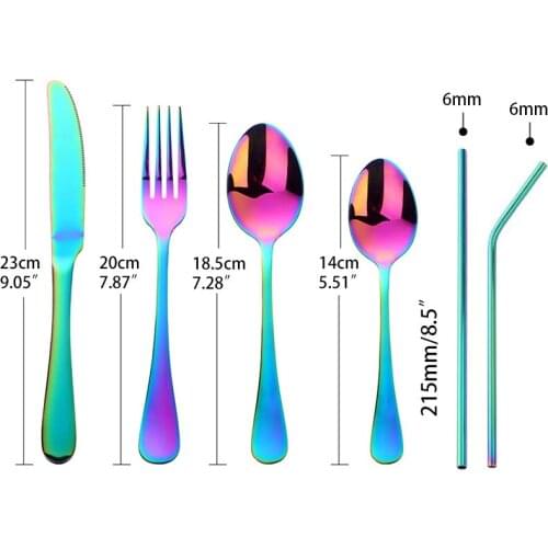8pcs/Set Stainless Steel Tableware Knife Fork Teaspoon Rainbow Dinnerware Portable Cutlery Set Straw Bag Utensils with Case Set