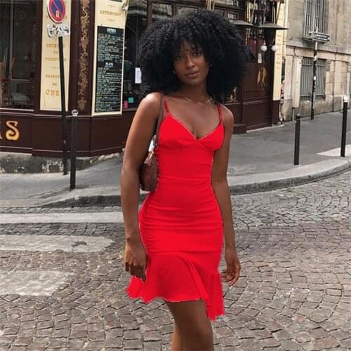 White Dress Womens 2021 New Summer Spaghetti Strap Mini Dress Black Sexy Slim Party Backless Ruffles Hem Dresses Red Vestidos