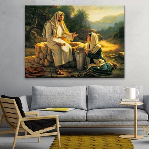 Famous Painting Jesus and the Samaritan Woman Posters and Prints Wall Art Canvas Painting for Living Room Home Decor frame