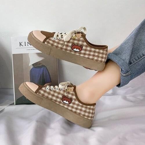 Cute Bear Plaid Canvas Shoes Womens New Casual Lace Up Running Sneakers Autumn Students Kawaii Brown Flat Low vulcanize shoes