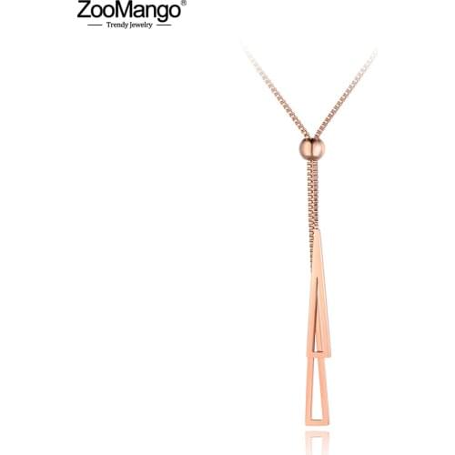ZooMango Trendy Double Triangle Stainless Steel Women Box Chain Necklace Jewelry Rose Gold Adjustable Choker Necklaces ZN19049