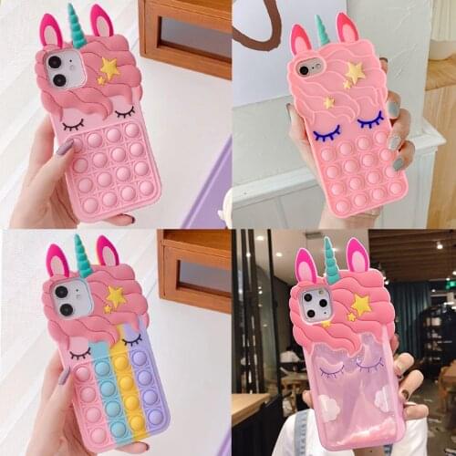 Fidget Toys Push It Bubble Silicone Case For iPhone 11 12 Pro Max 6s 7 8 Plus X XR XS Max 3D Cartoon Pink Unicorn Soft Cover