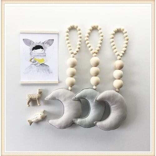 INS Nordic style Wood beads string with fabric Moon Pendant Kids room Tent Bed mantle decoration Home handicraft ornament