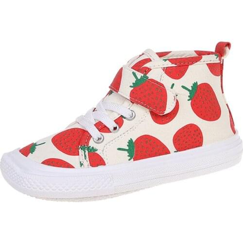 2021 New Girls High-top Canvas Shoes Casual Childrens Single Shoes Kids Soft Sole Shoes Student Shoes Strawberry Smiley cute