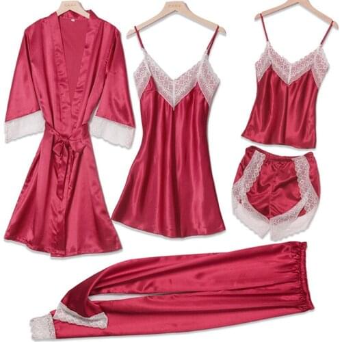 Pajamas female spring summer autumn sexy silk suspender Nightgown five piece home suit white lace shorts
